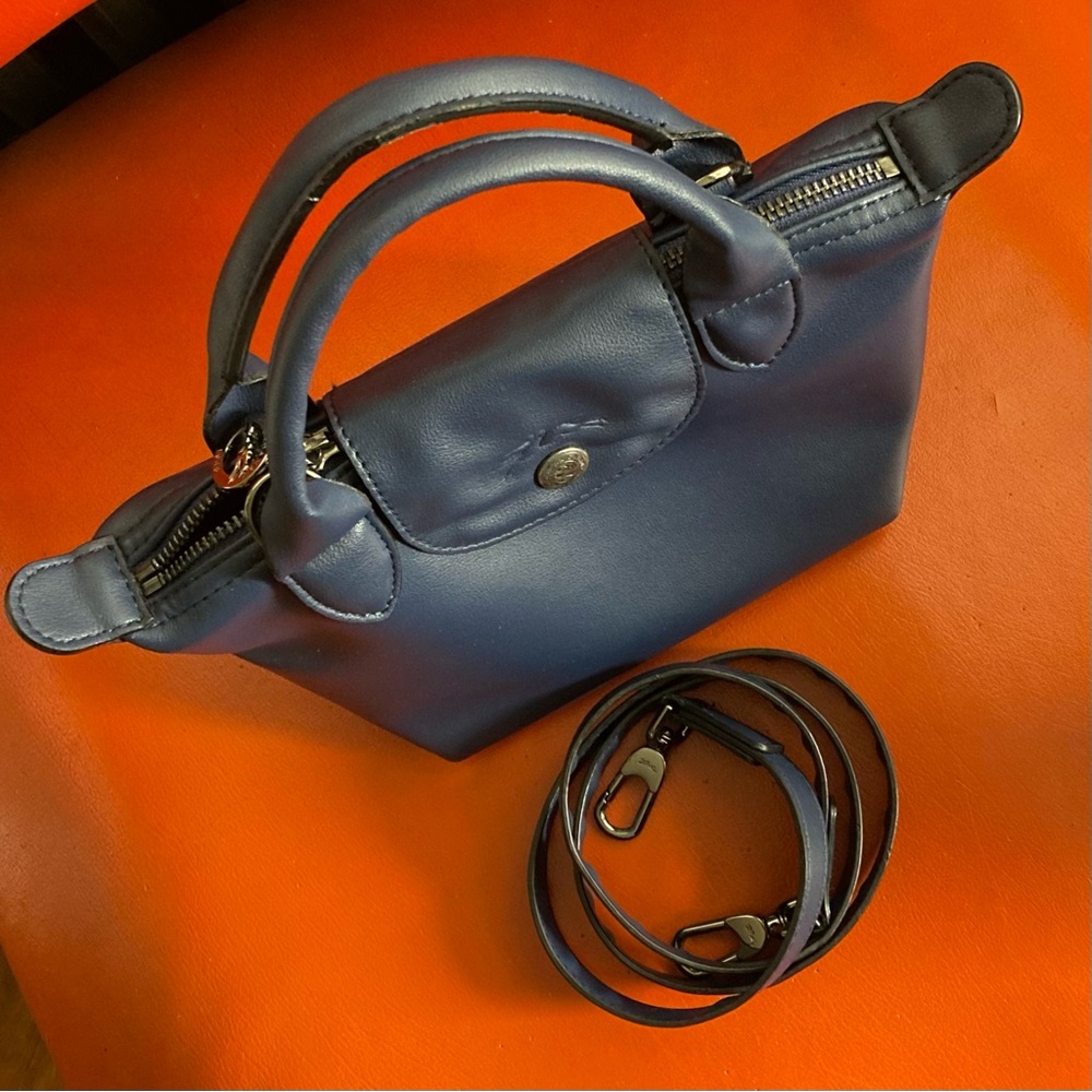 Longchamp Le Pliage Xtra Navy Blue Leather Handbag FLAW